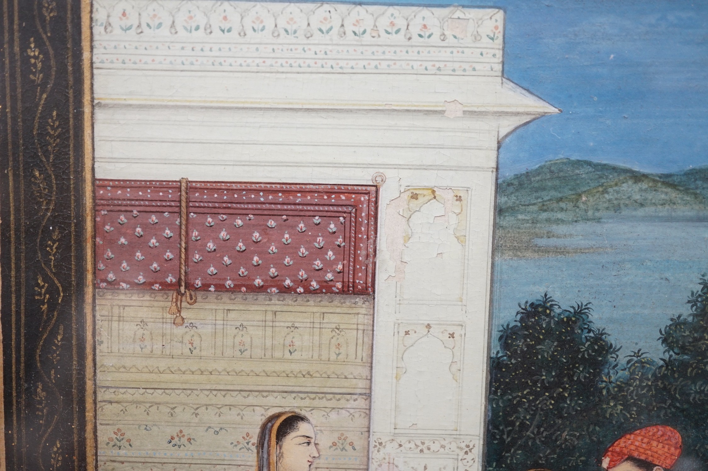 Persian School, gouache on paper, Lovers on a terrace at night, 20 x 13cm